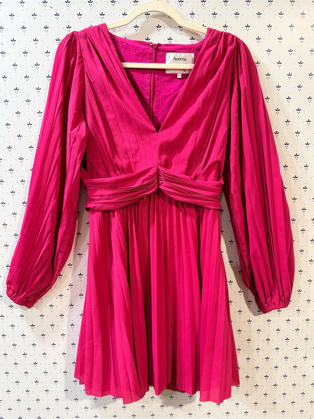 Aureta x Anthropologie Pleated V-Neck Balloon Sleeve Mini Dress - Magenta Pink S